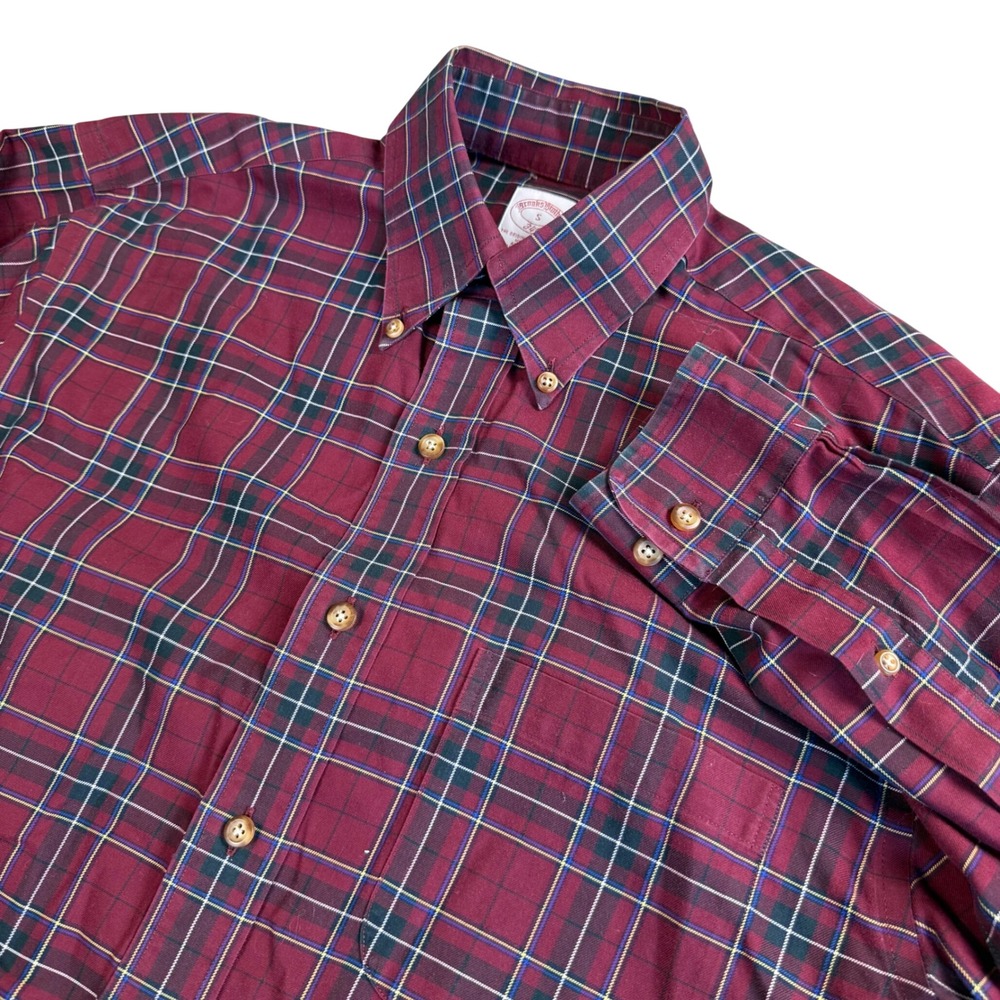 Brooks Brothers Plaid Shirt Mens Small Burgundy Button Down Cotton